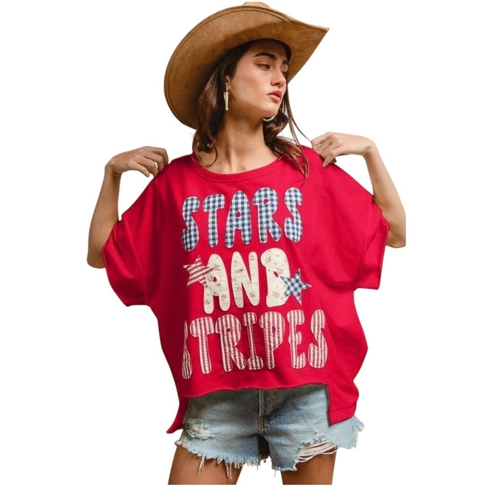 BiBi Stars and Stripes Patchwork Graphic Boxy Top‎ Oversized Red America S